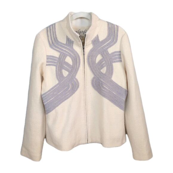 ICELANDIC DESIGN Ivory Wool Full Zip Coat Grey Applique Lined Women's Medium - Picture 1 of 6